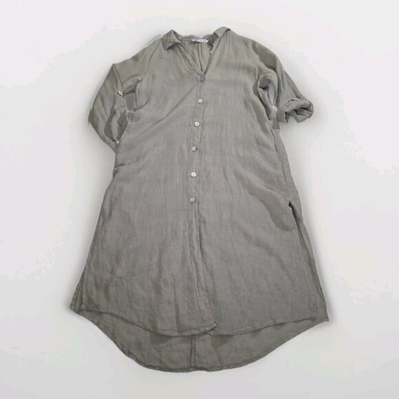 Zara Shirt Dress L Khaki Green Linen LS Roll Up Tab Slits Buttons Coastal Boho - Picture 12 of 16